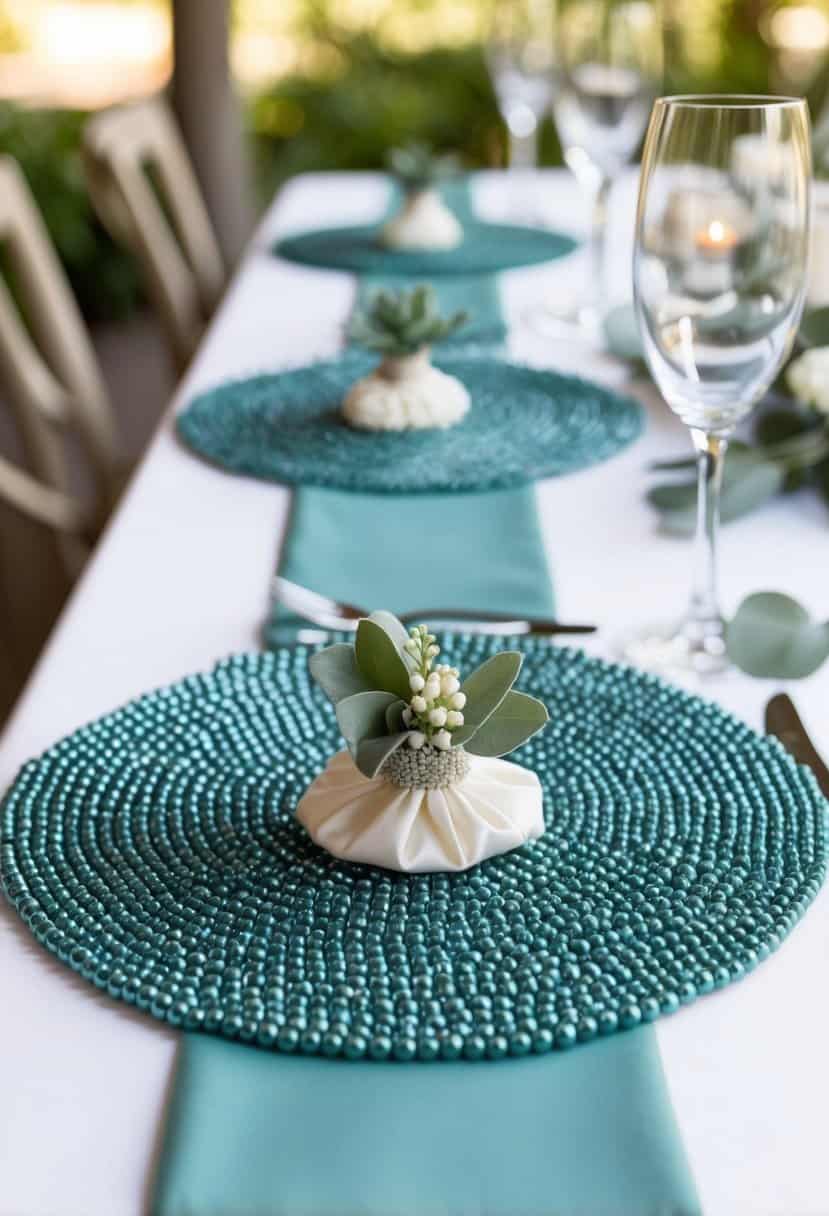 A sage beaded placemat adorns a wedding table, adding a touch of elegance and natural beauty to the decor