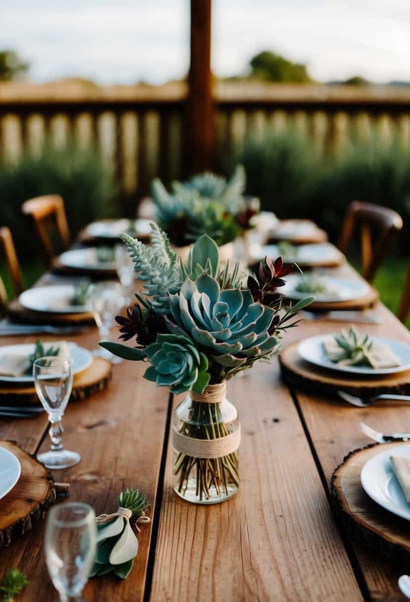 A rustic wooden table adorned with sage boutonnieres and succulents