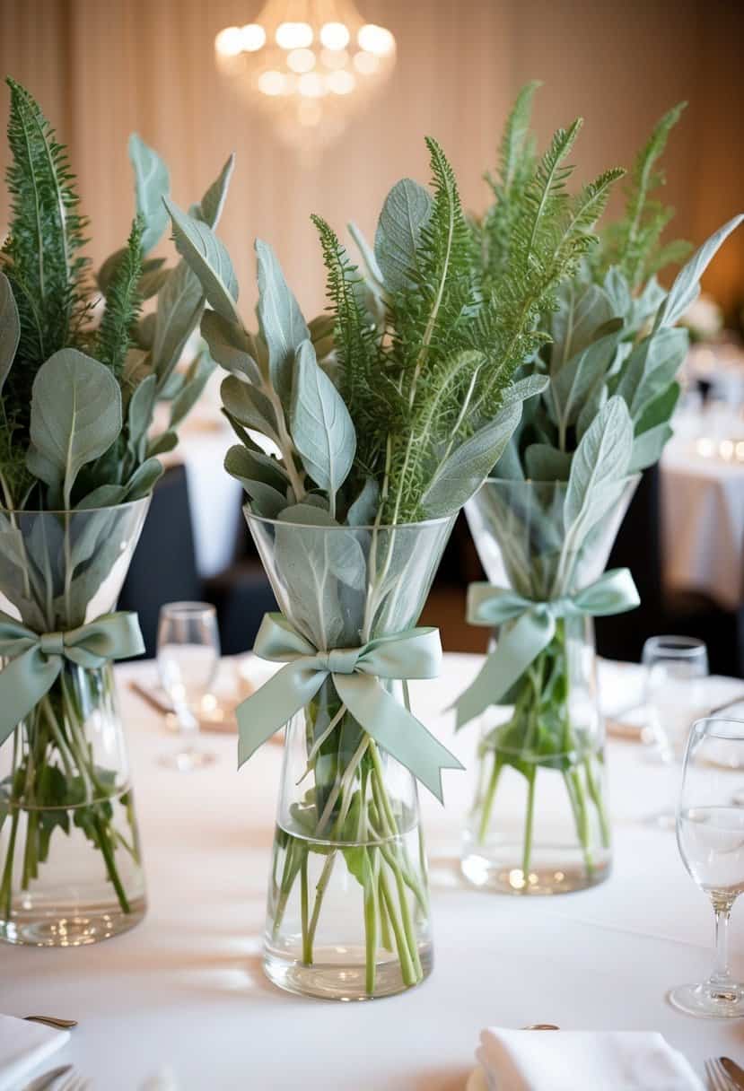 Glass vases filled with sage leaves, tied with sage ribbon, arranged on a wedding reception table
