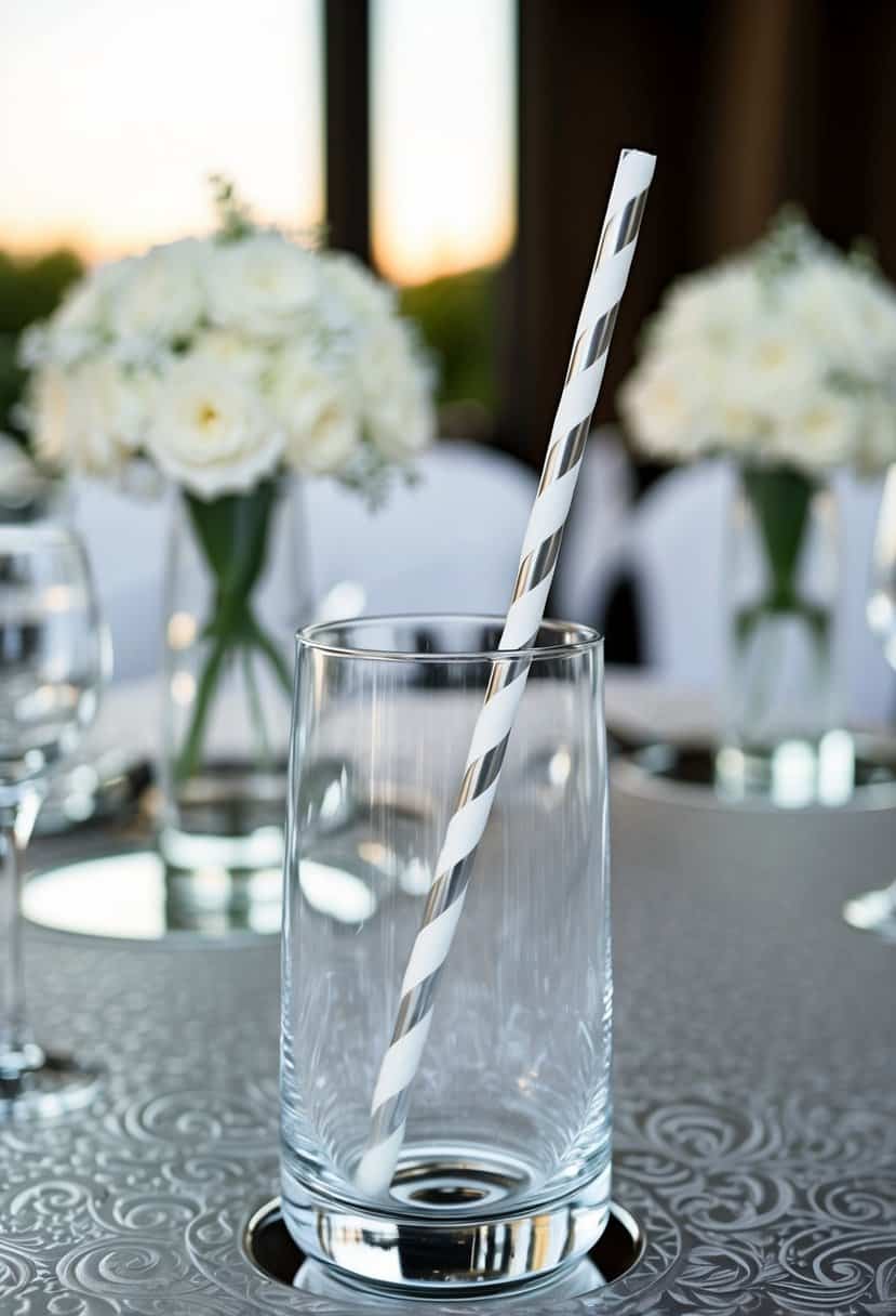 A white and silver striped straw placed in a clear glass on a silver decorated wedding table