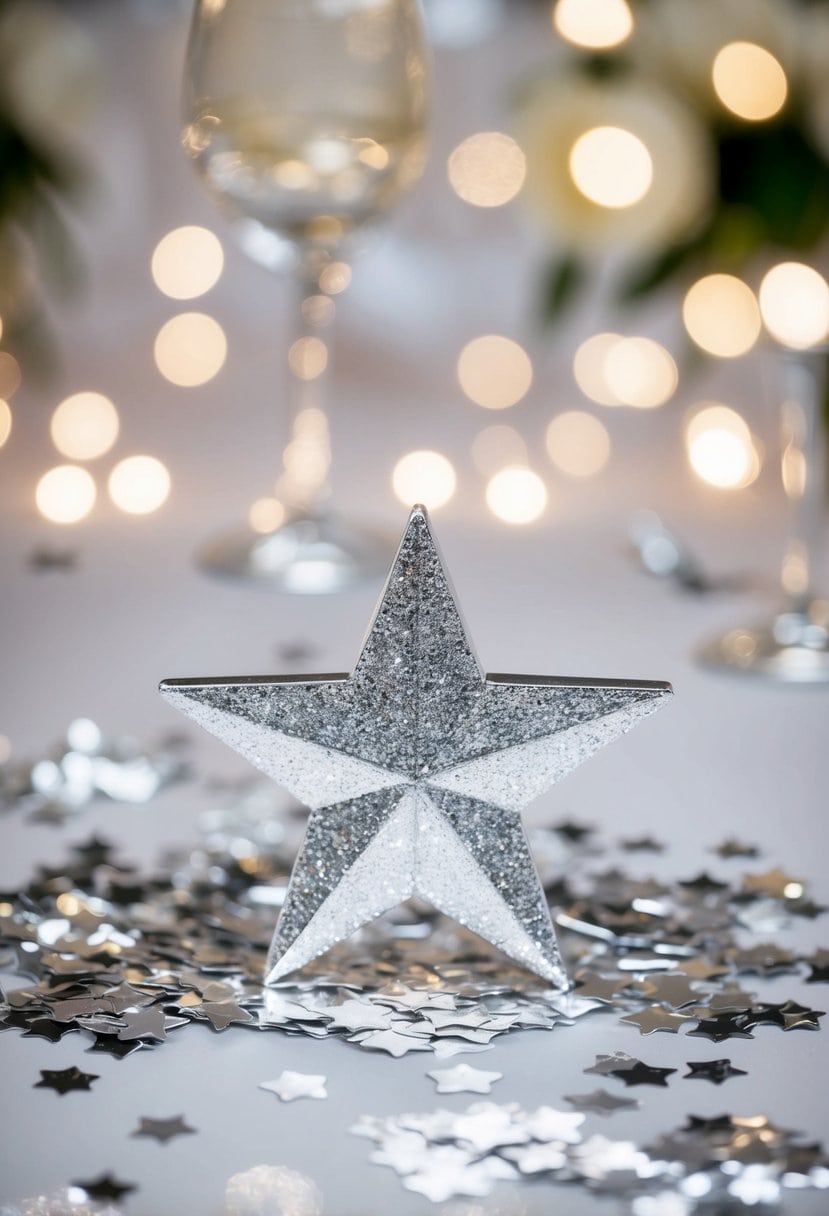 A sparkling silver star confetti scattered across a wedding reception table, catching the light and adding a touch of elegance to the decor
