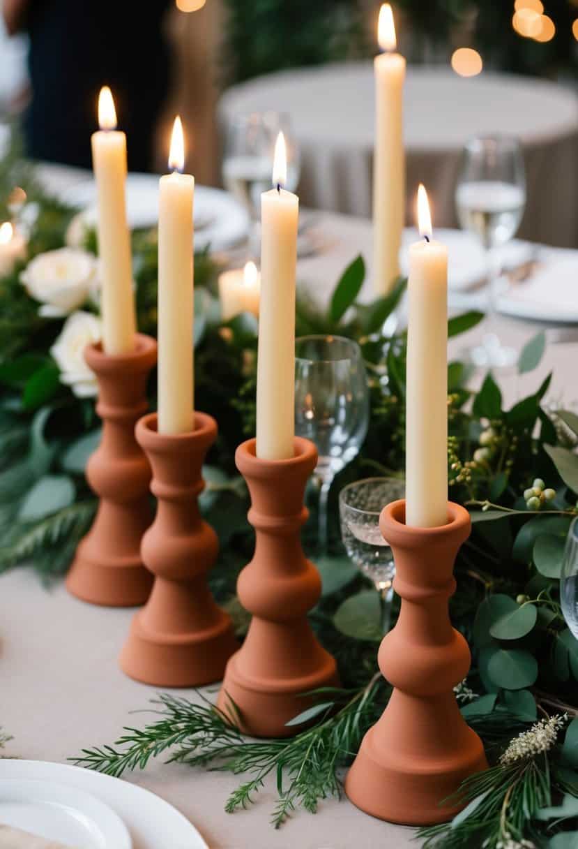 Terracotta candle holders arranged on a wedding table with greenery and soft lighting