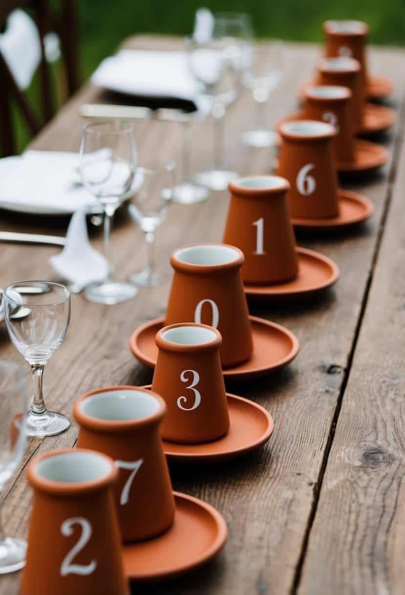 Terracotta table numbers arranged on a rustic wooden table