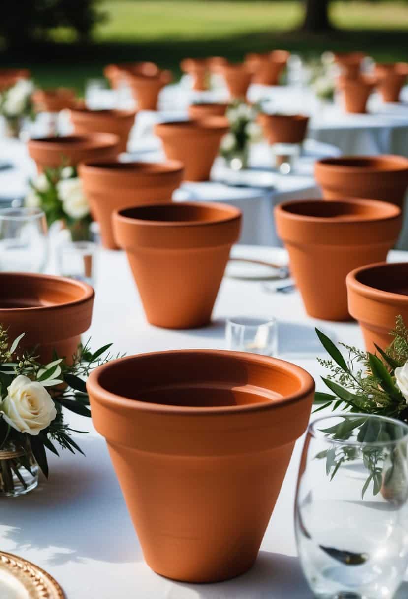 Terracotta clay pot centerpieces arranged on wedding tables