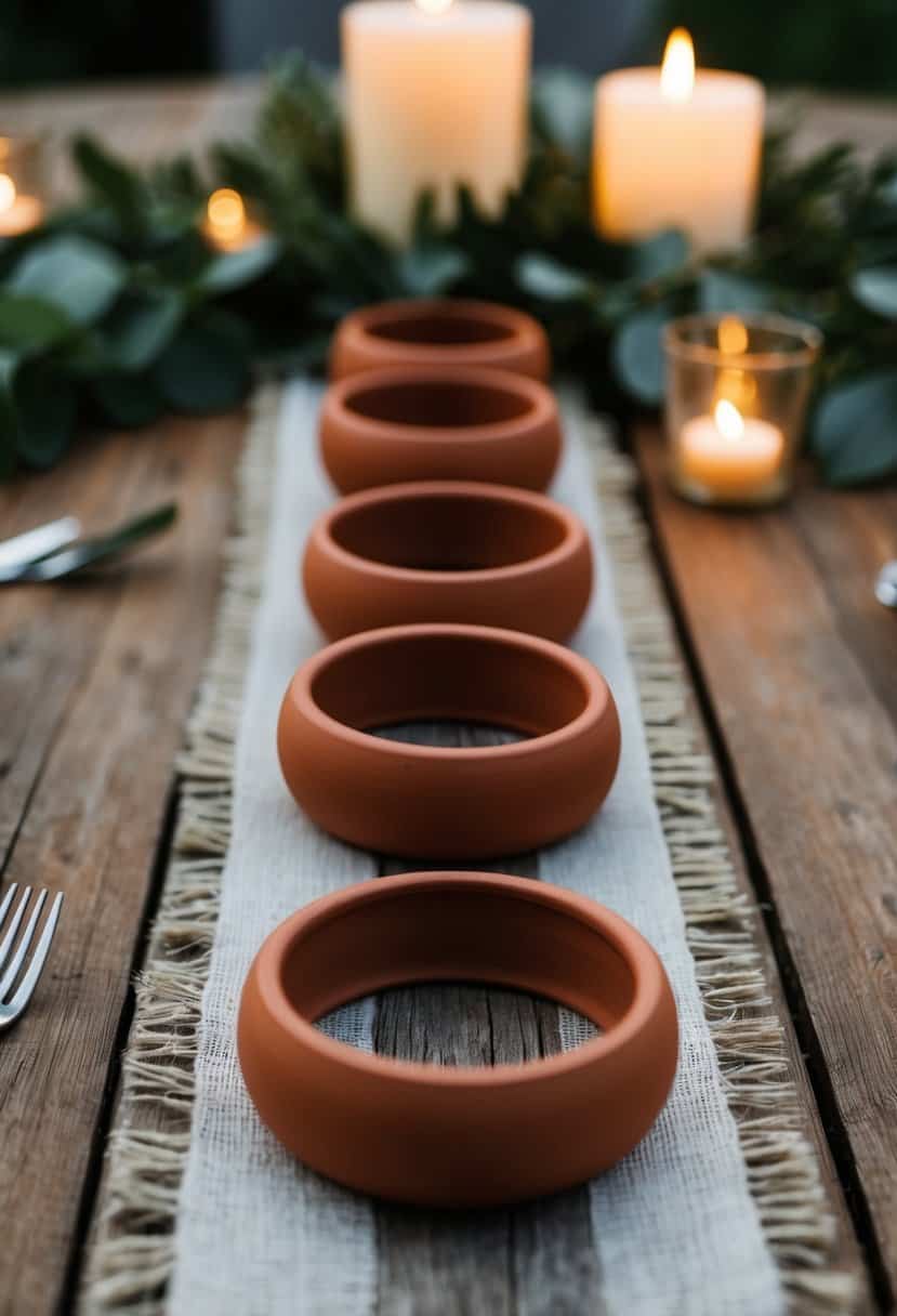 Terracotta napkin rings arranged on a rustic wooden table, surrounded by greenery and soft candlelight