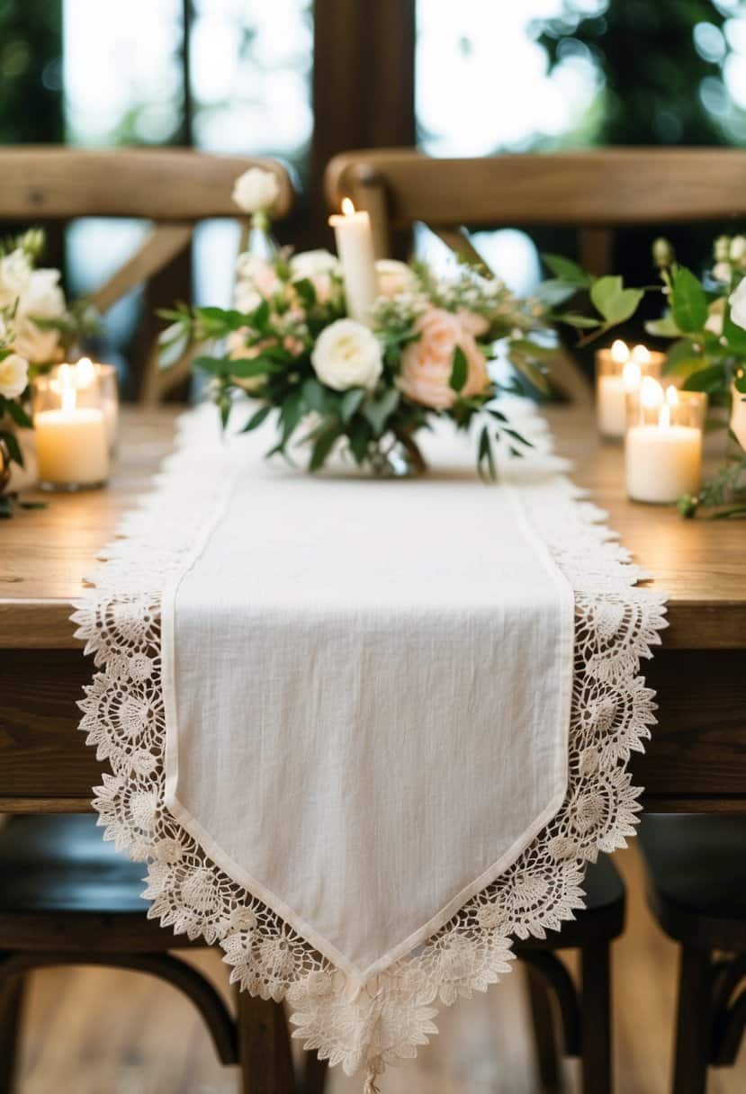 A white linen table runner adorned with delicate lace drapes elegantly over a wooden table, surrounded by soft candlelight and fresh floral arrangements