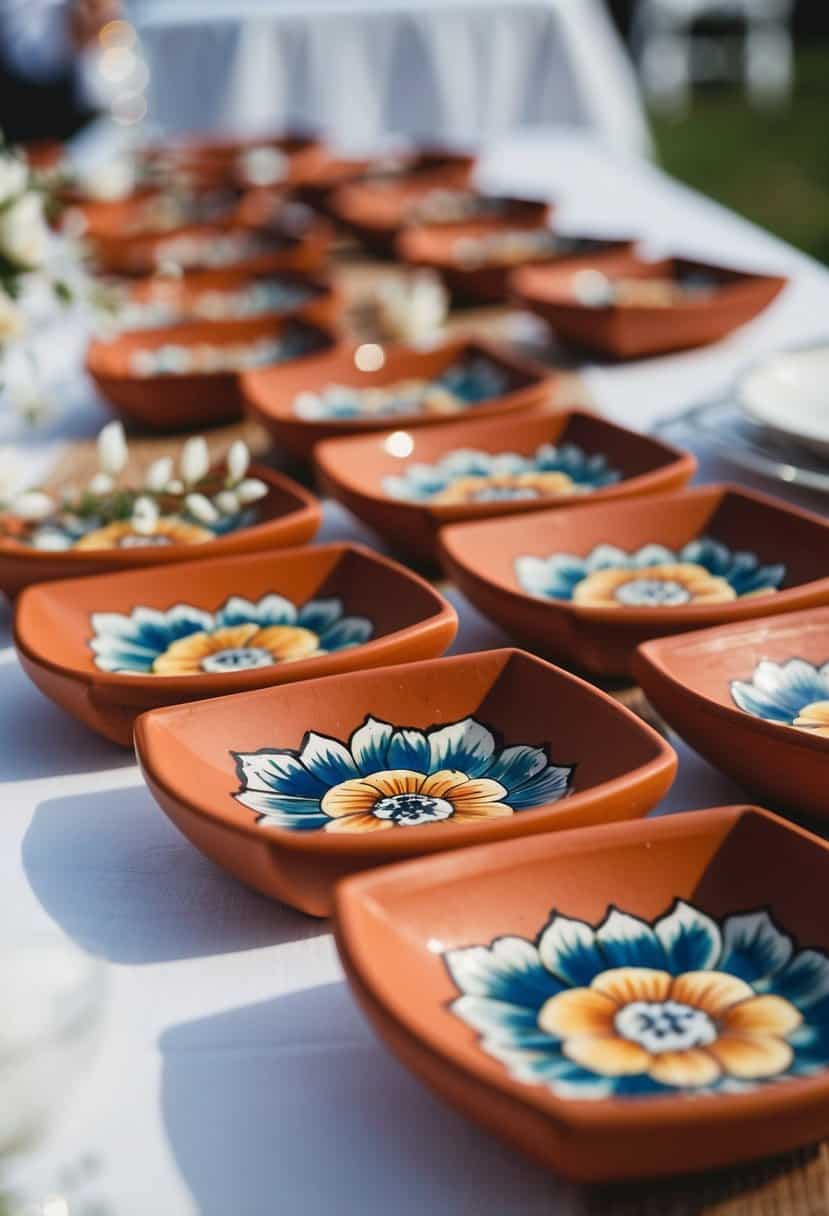 Hand-painted terracotta tiles arranged as wedding table decorations