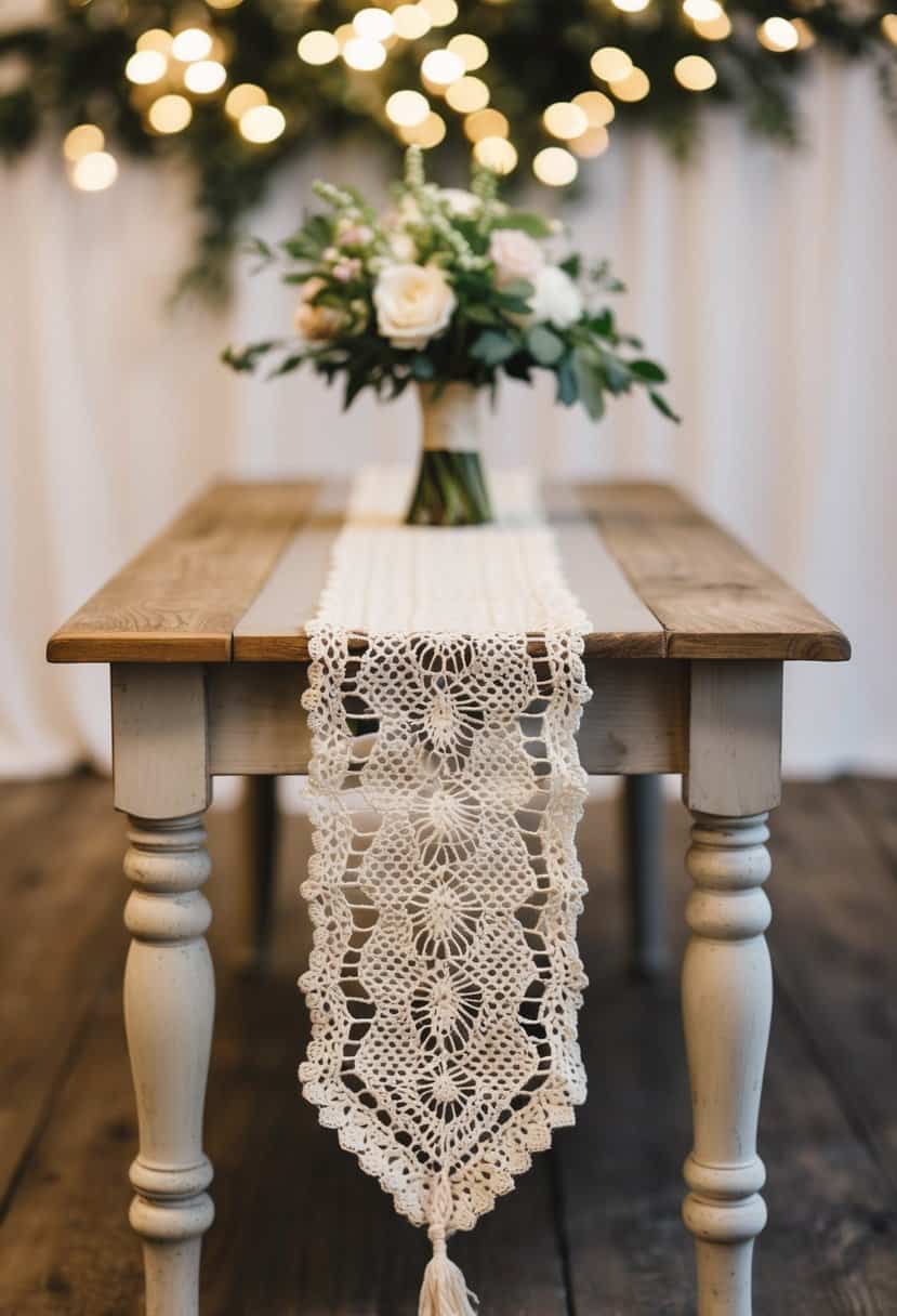 A vintage crocheted table runner adorned with charming lace patterns, delicately draped across a rustic wooden wedding reception table
