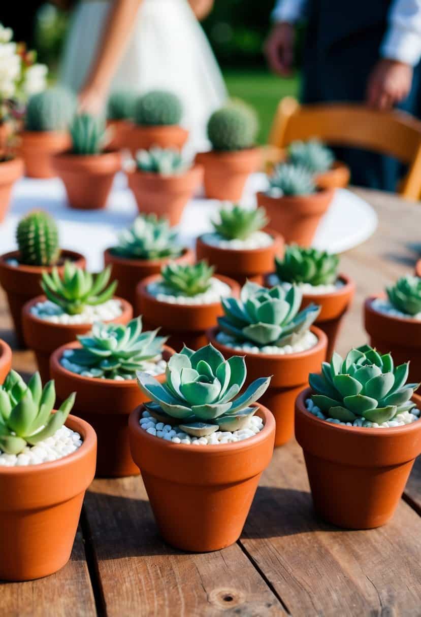 Mini terracotta pots arranged with succulents on a wedding table