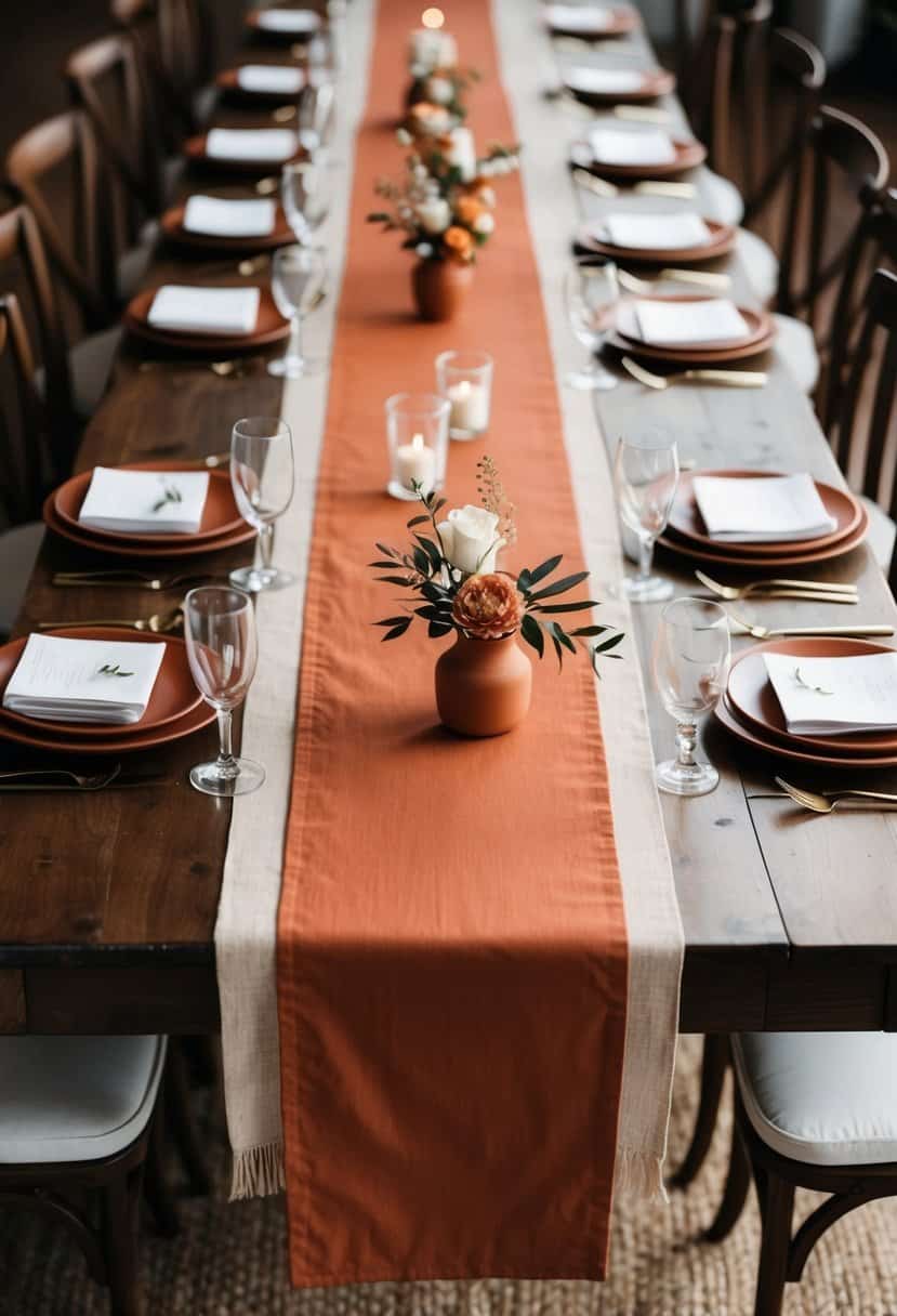 A terracotta-colored table runner drapes across a wooden table, adorned with terracotta wedding decorations