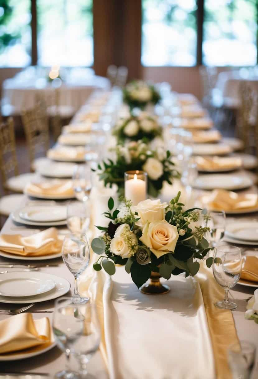 A table adorned with a luxurious mix of silk and satin table runners, adding elegance to a wedding reception