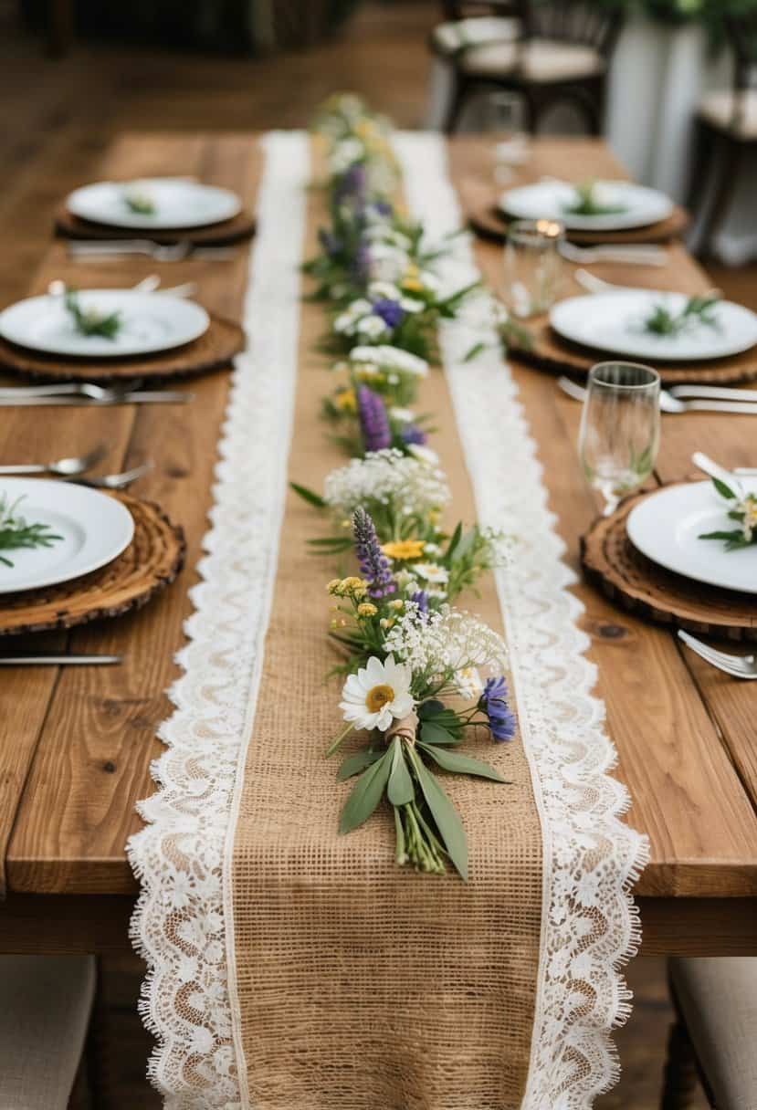 A burlap table runner adorned with delicate lace and wildflowers, set on a wooden table in a rustic wedding reception