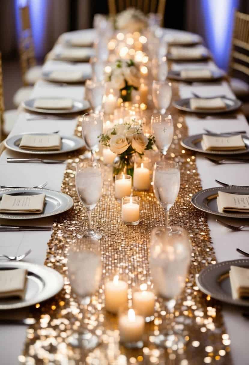 A long, shimmering table runner adorned with sequins and sparkles, adding a touch of glam to a wedding reception table