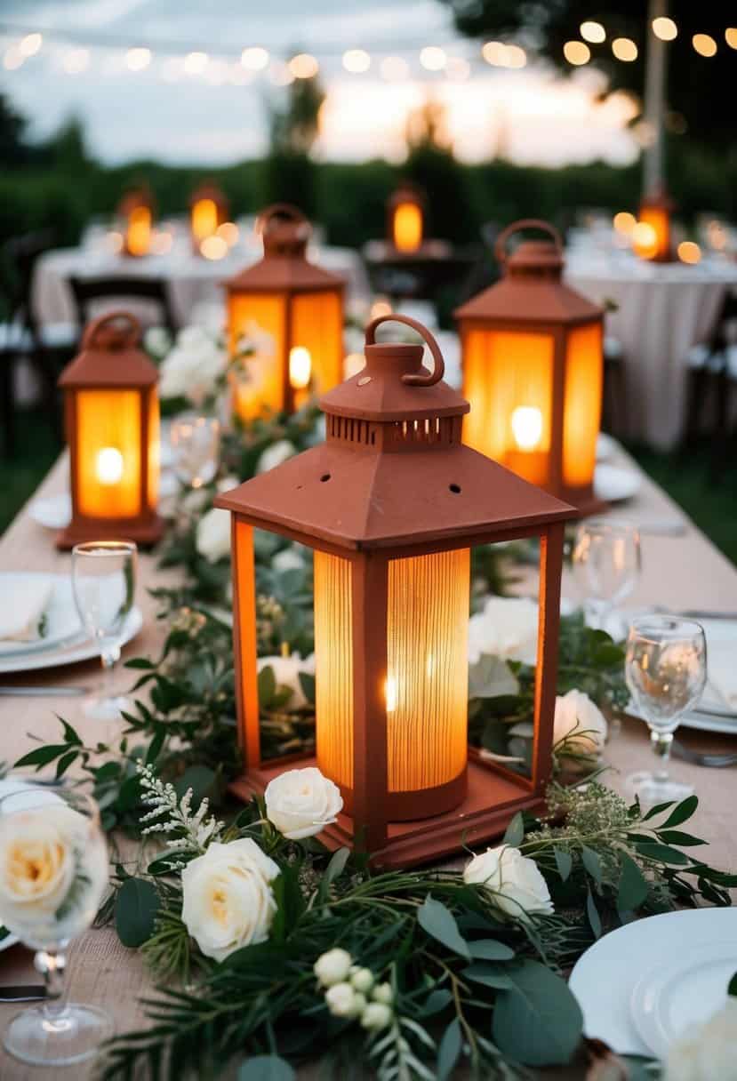 Rustic terracotta lanterns illuminate a wedding table, surrounded by greenery and delicate floral arrangements