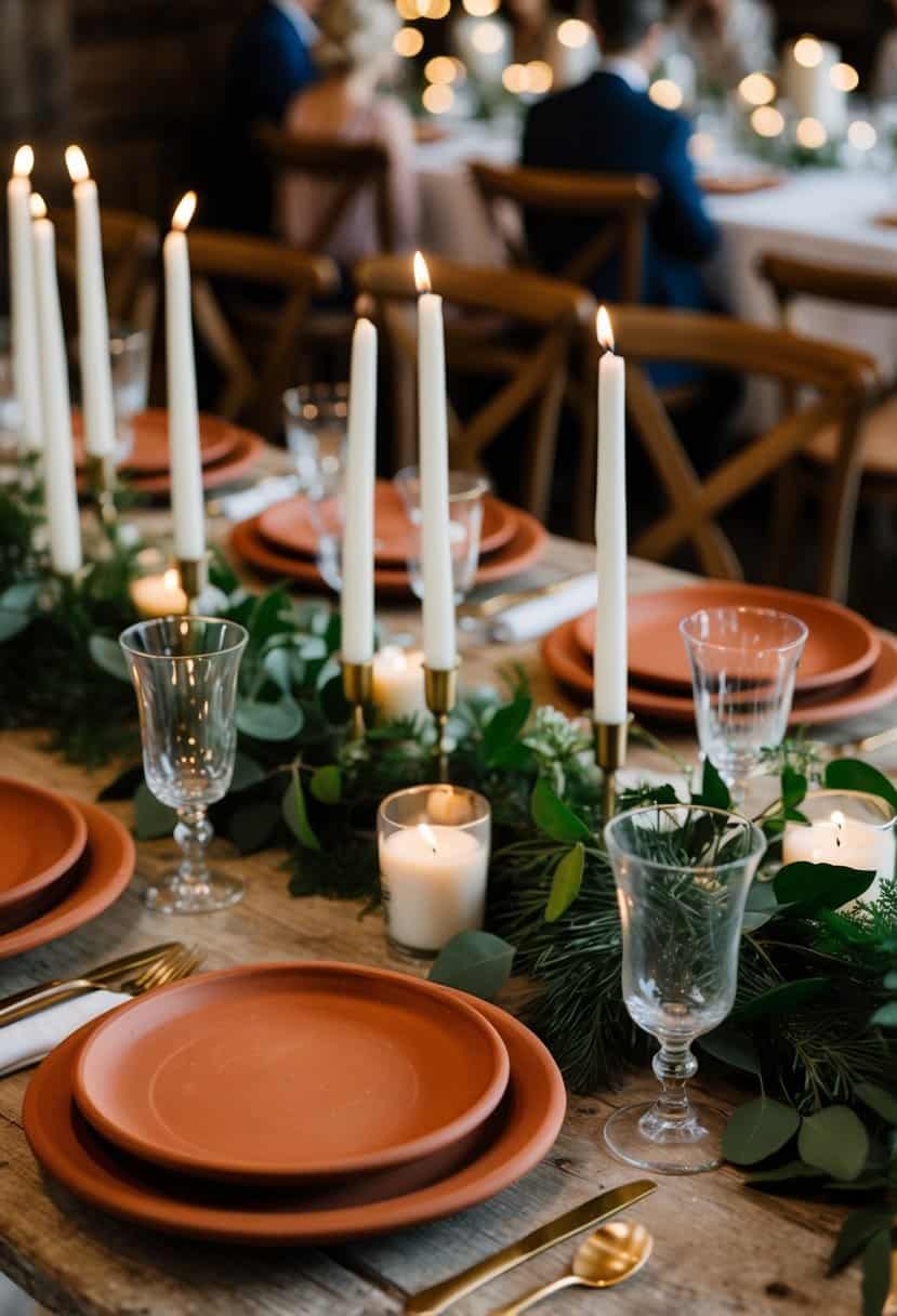 Terracotta chargers arranged with greenery and candles on a rustic wedding table