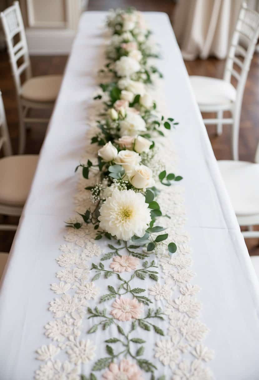 A white table adorned with a delicate floral embroidery table runner, surrounded by elegant wedding table decorations