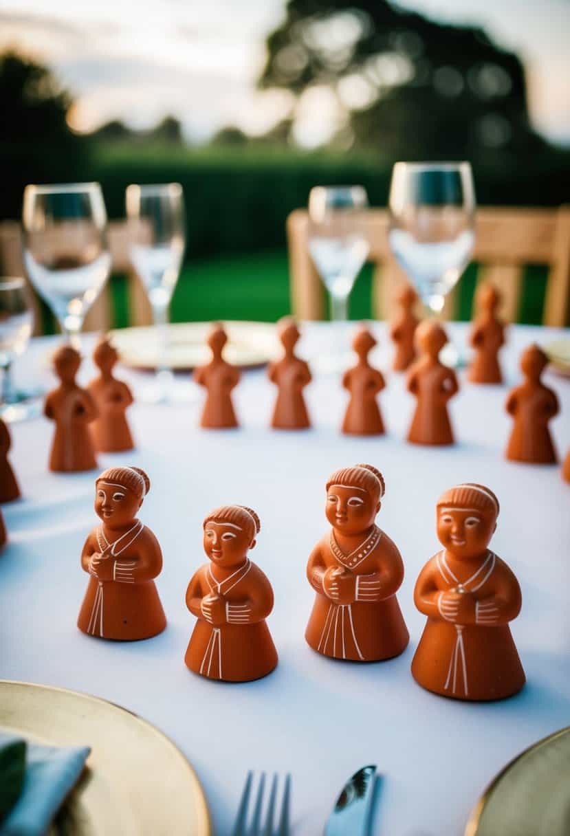 A collection of small terracotta figurines arranged as wedding table decorations