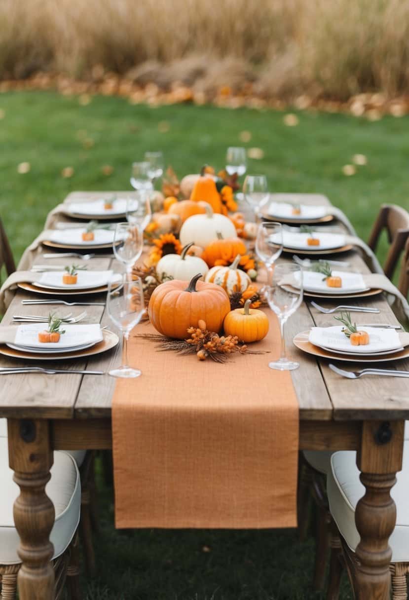 A rustic wooden table adorned with a warm, harvest-themed table runner, surrounded by autumnal wedding decor