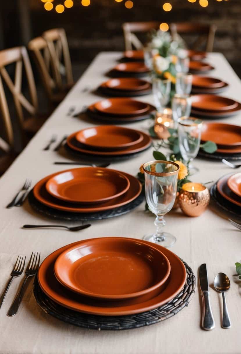 Terracotta dessert plates arranged on a rustic wedding table with earthy decorations