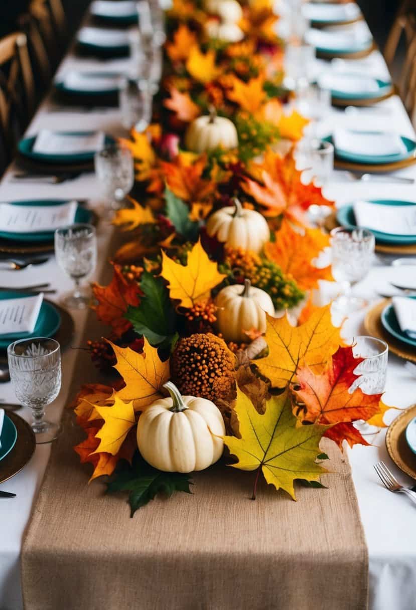 A table runner adorned with vibrant fall leaves, set against a rustic wedding table backdrop
