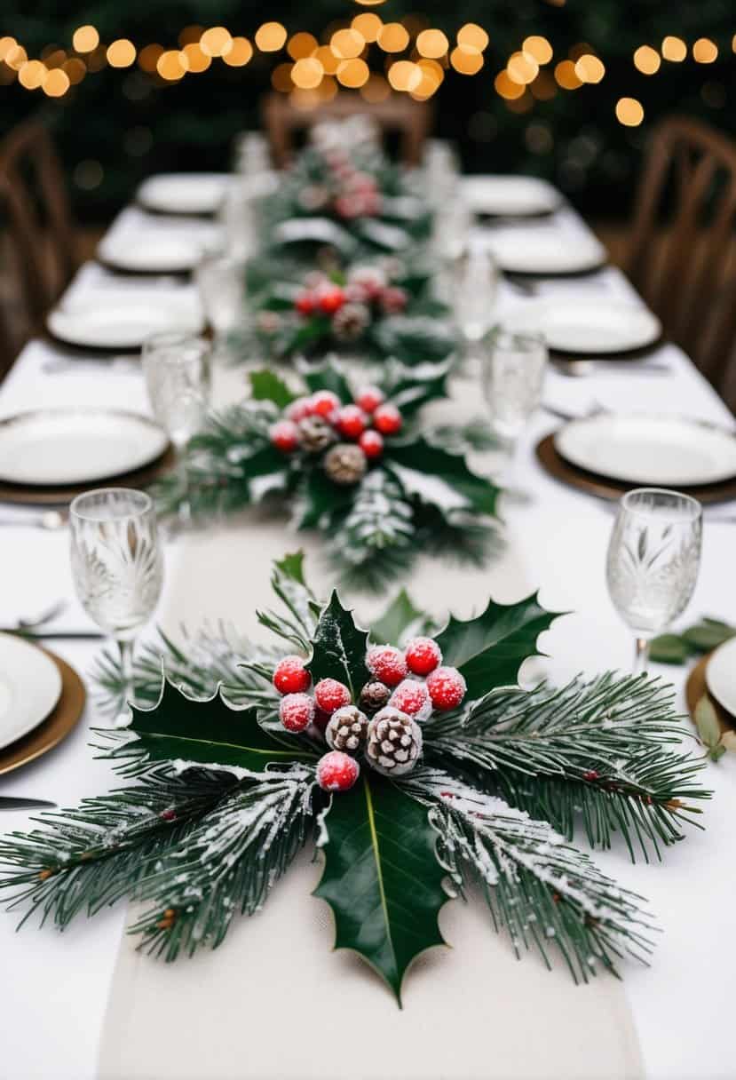 A table runner adorned with snowy pine branches, holly leaves, and frosted berries, creating a winter wonderland wedding table decoration