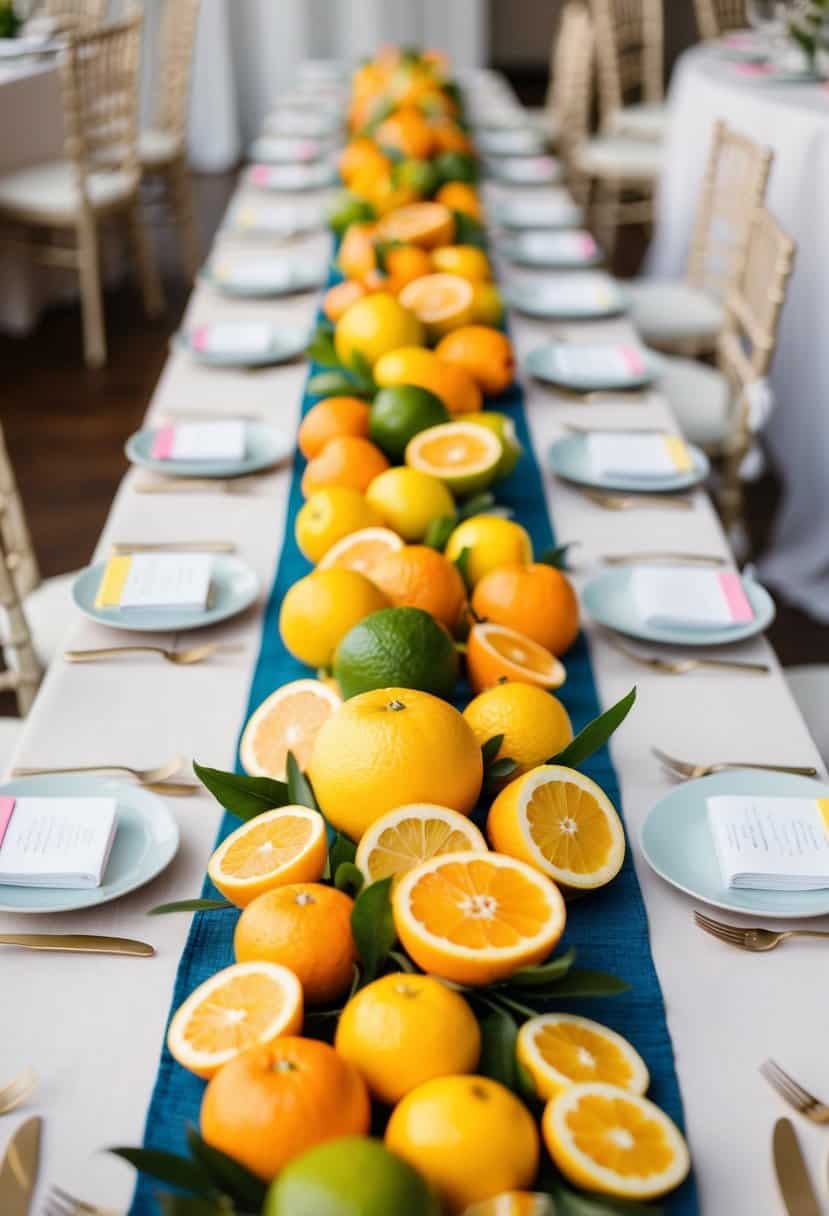 A vibrant table runner adorned with summer citrus fruits and pops of color, set against a backdrop of elegant wedding table decor