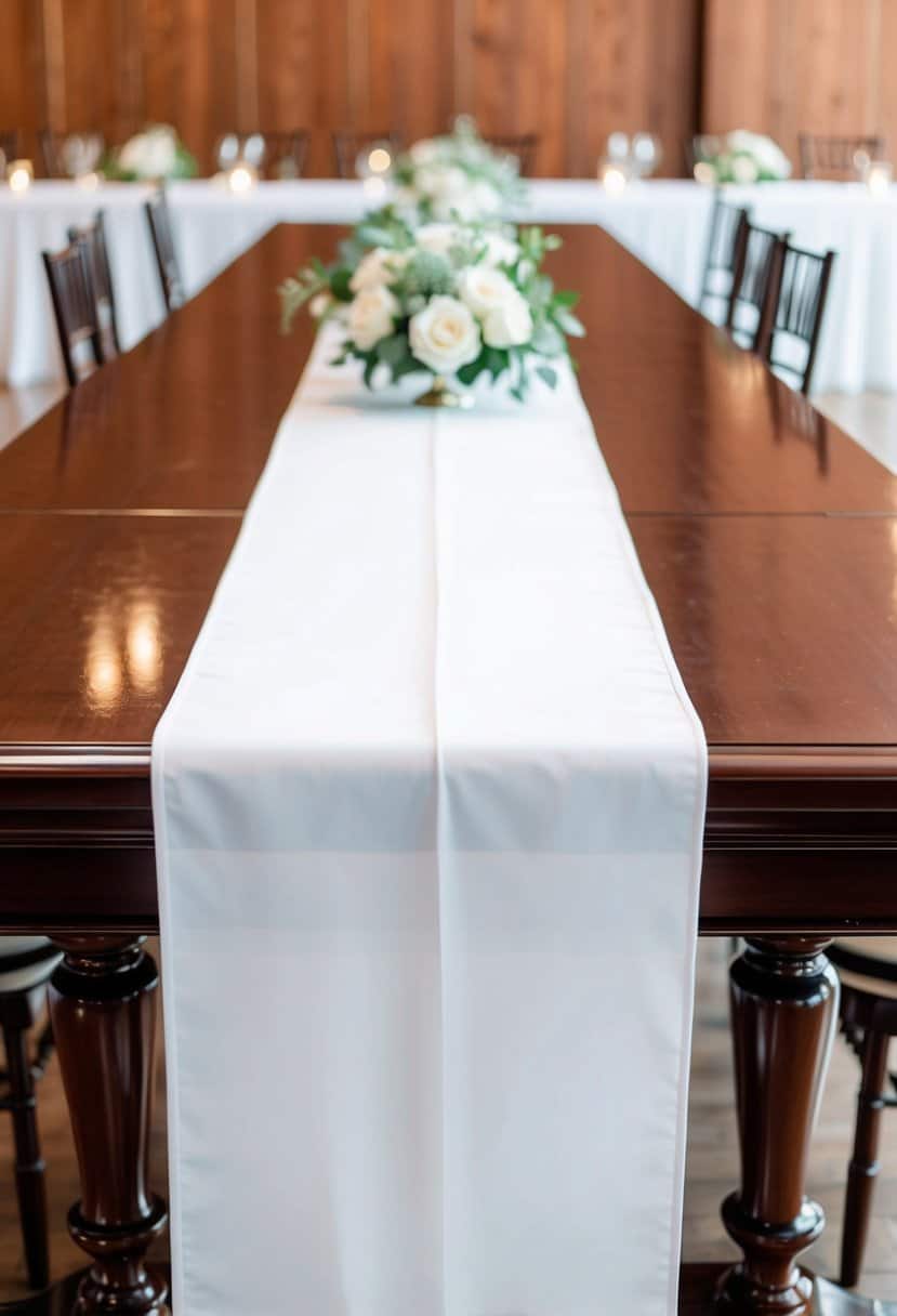 A long, white table runner drapes elegantly over a polished wooden table, creating a classic and sophisticated look for a wedding reception