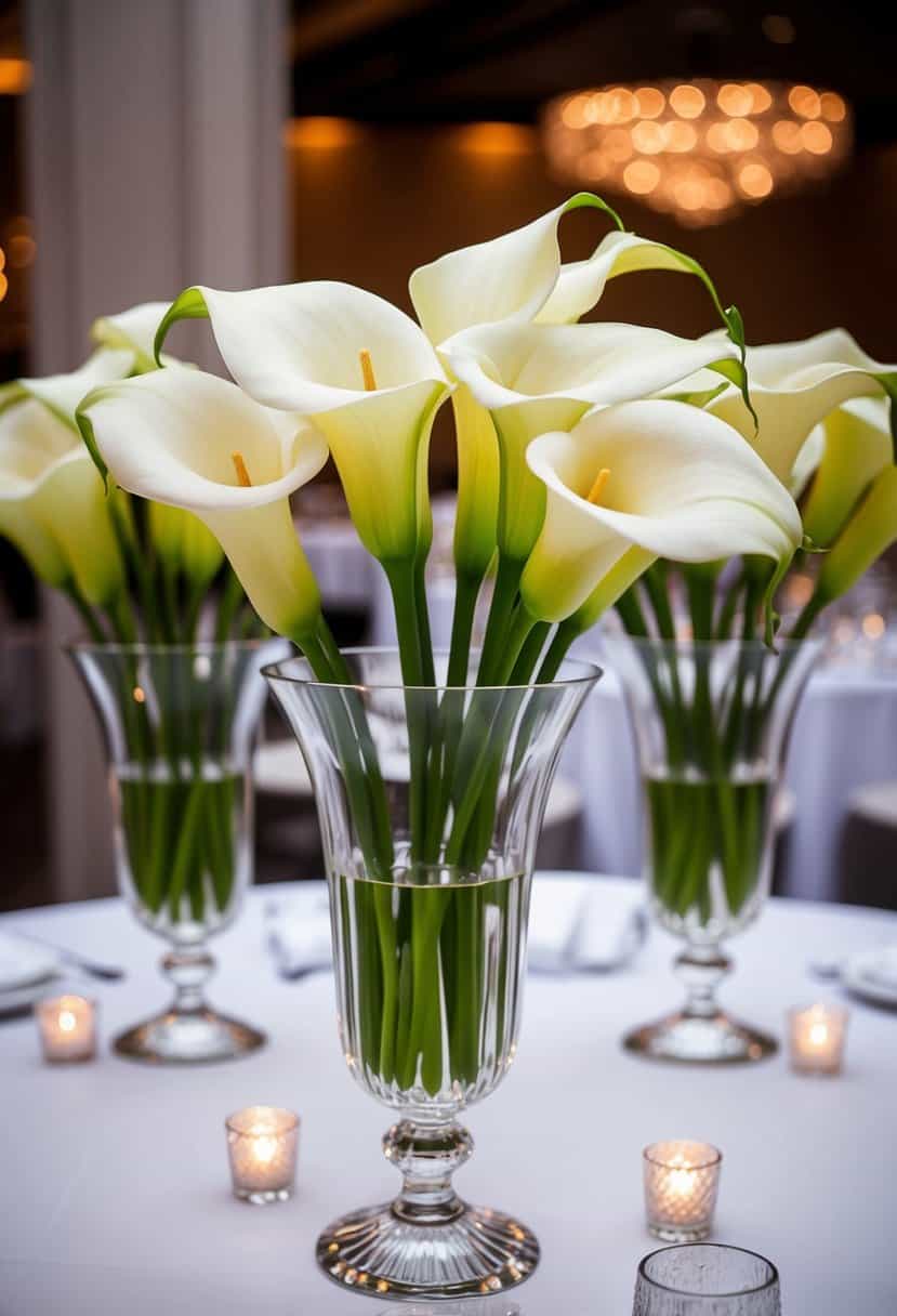 Tall calla lilies in crystal vases on wedding tables