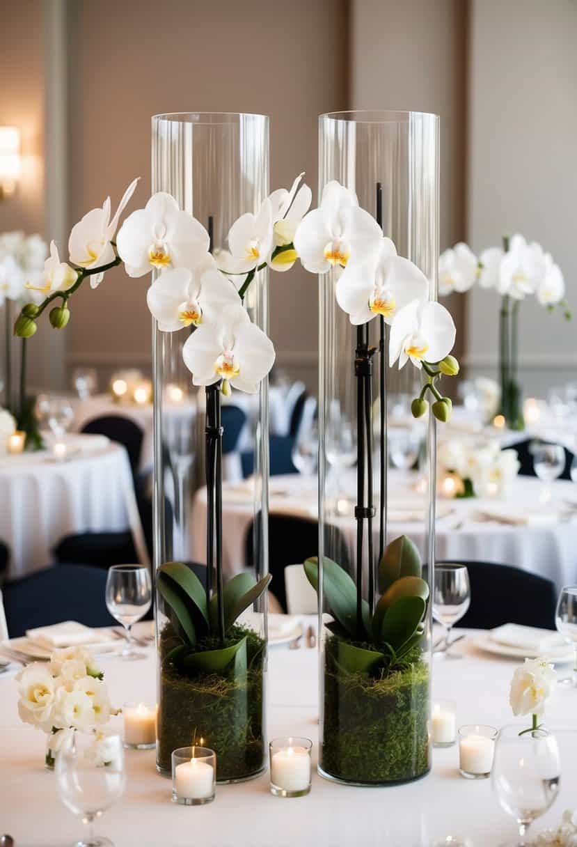 Tall glass cylinders filled with white orchids stand as elegant wedding table decorations