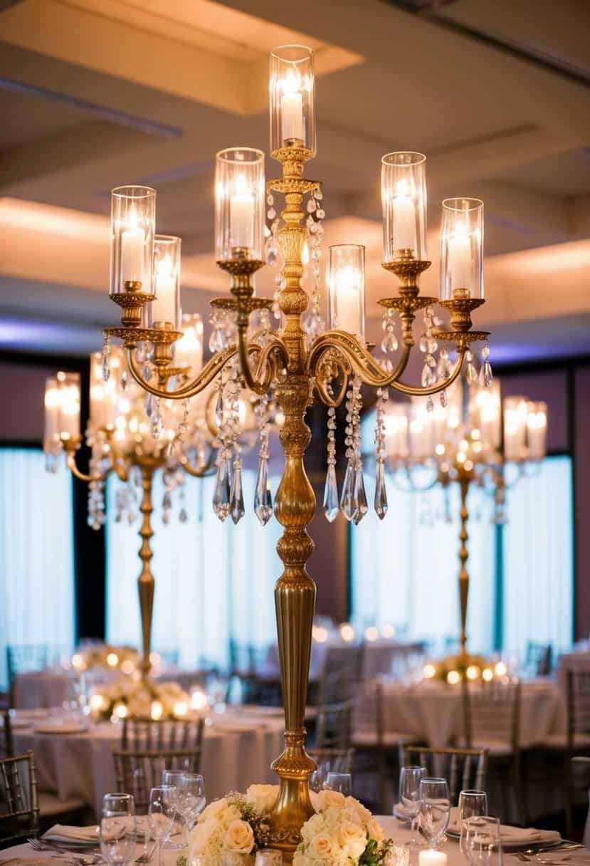 Tall candelabras adorned with hanging crystals illuminate an elegant wedding table setting