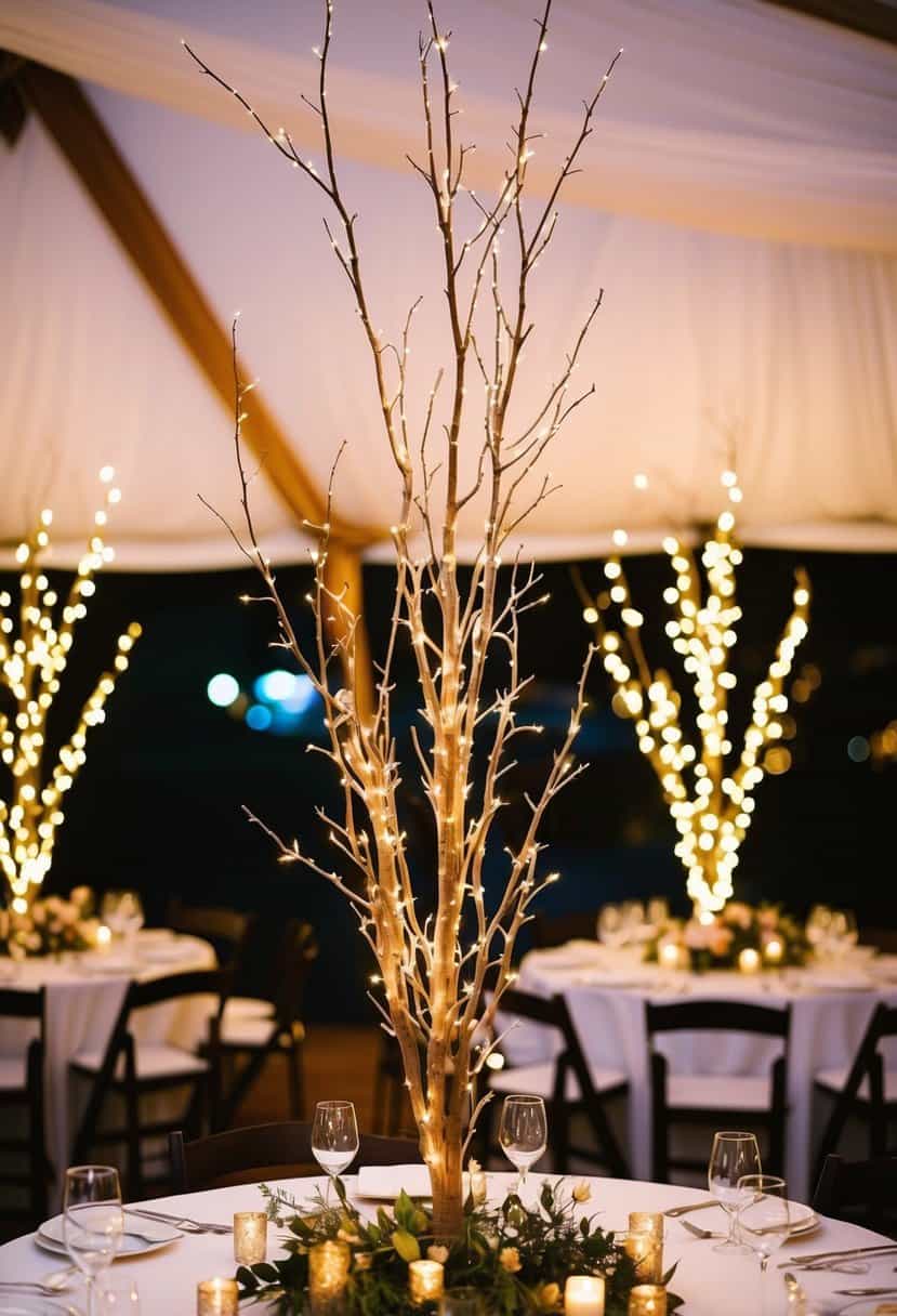 Fairy lights wrap around branches on a tall wedding table centerpiece