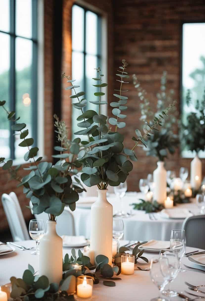 Tall eucalyptus arrangements with candles on wedding tables
