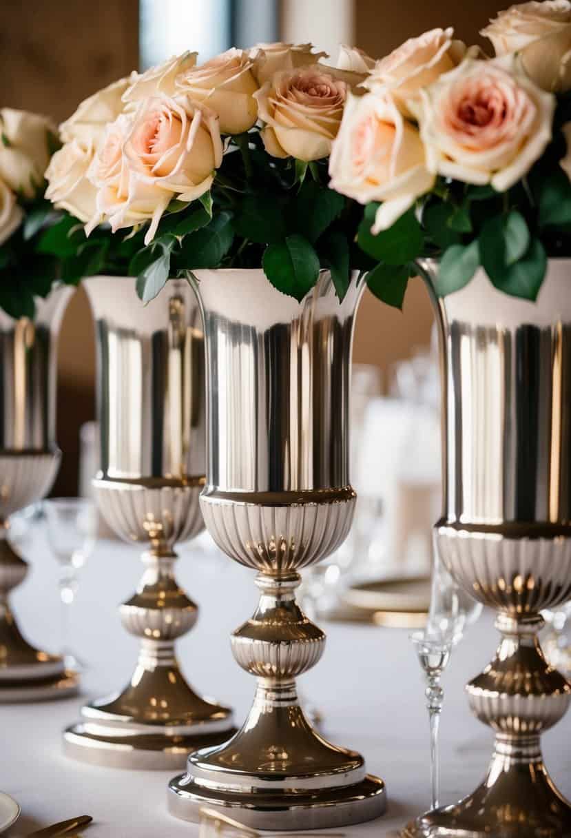 Three metallic pedestal vases holding lush roses, arranged as tall wedding table decorations