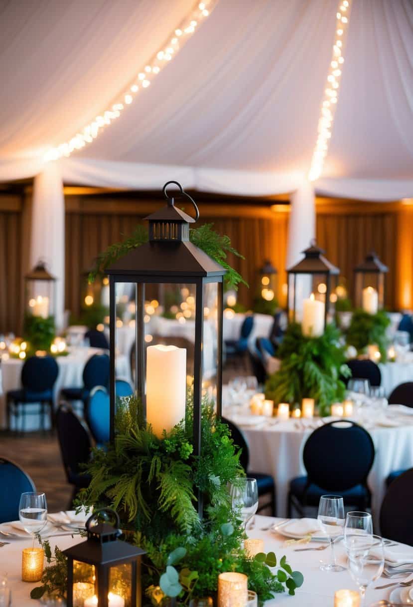 Tall lantern centerpieces filled with lush greenery adorn the wedding tables, casting a warm and romantic glow throughout the venue