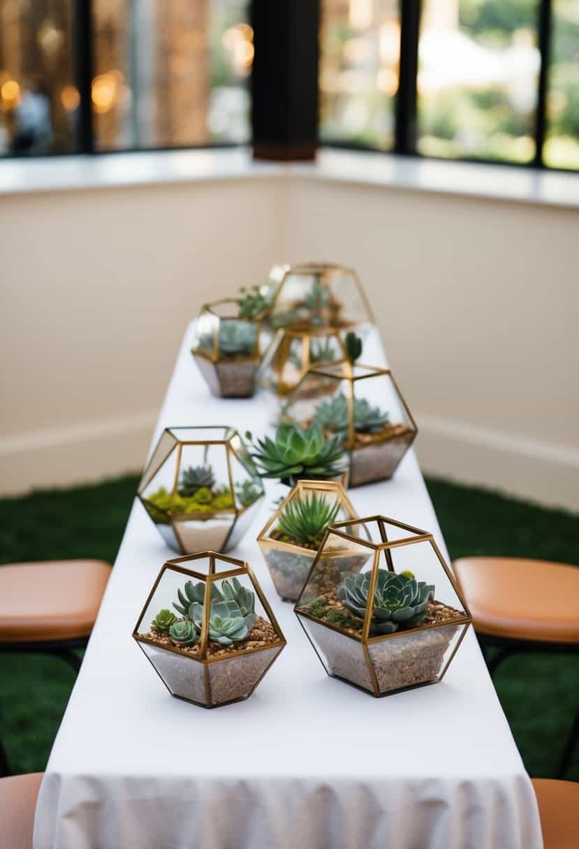 A tall wedding table adorned with geometric terrariums filled with succulents