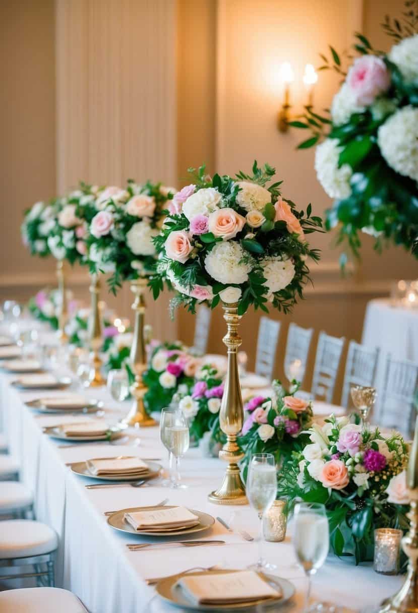A row of tall floral pomanders on elegant stands, adorning a wedding reception table with vibrant blooms and greenery