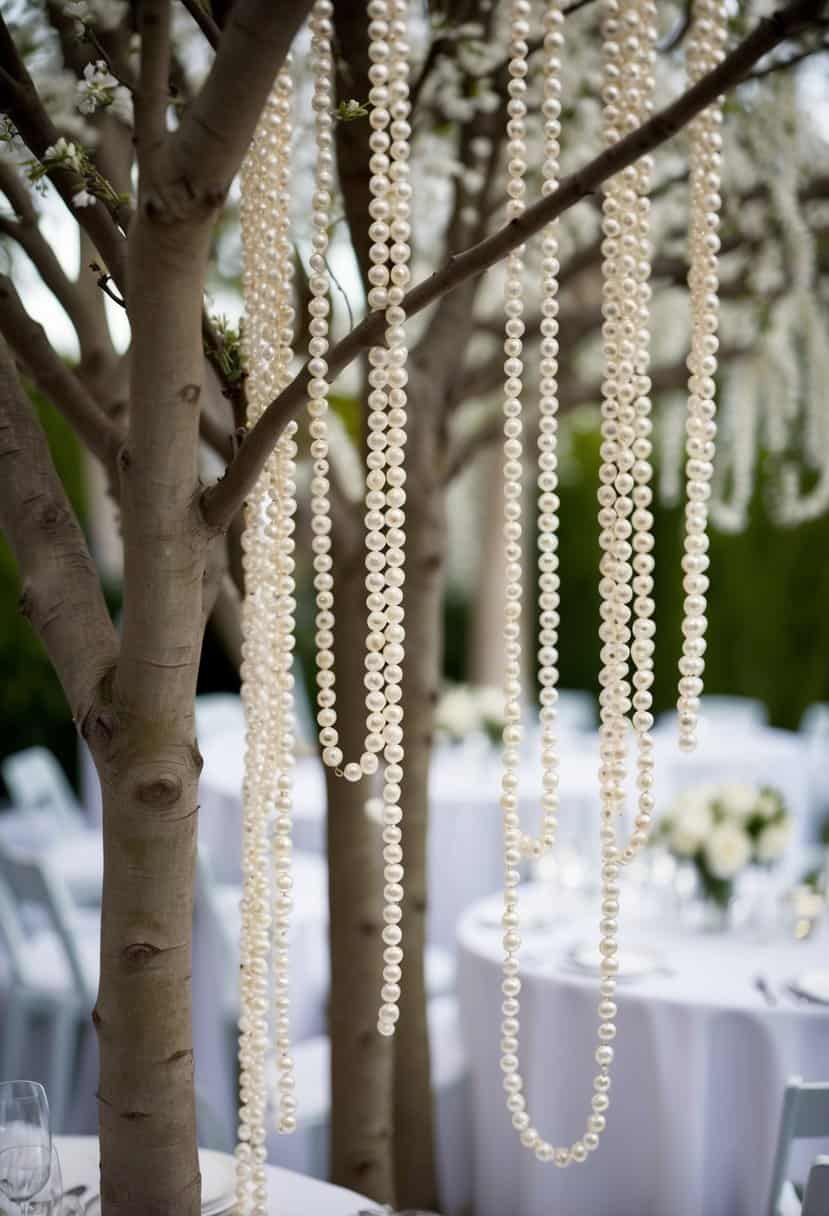 Ivory pearls cascade from tall branches, adorning a wedding table centerpiece