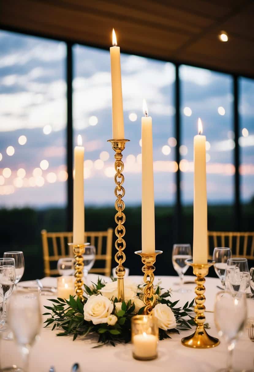 A tall wedding table adorned with gold-chained taper candles