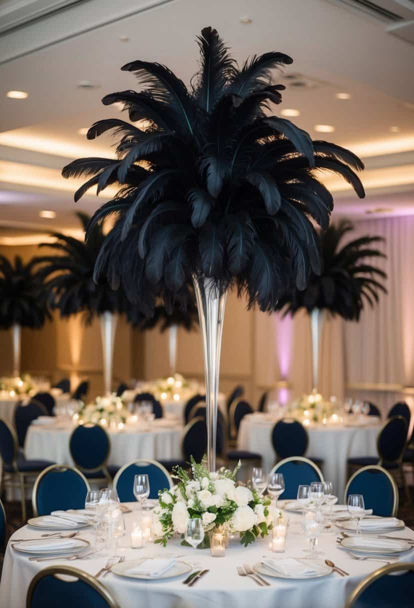 Tall ostrich feather plumes arranged in a cascading display on a wedding table, creating an elegant and dramatic centerpiece