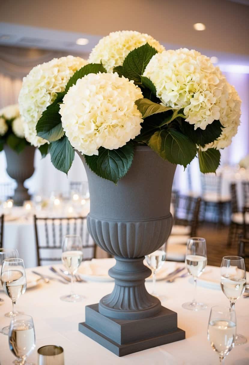 Tall urns filled with white hydrangeas as elegant wedding table decorations