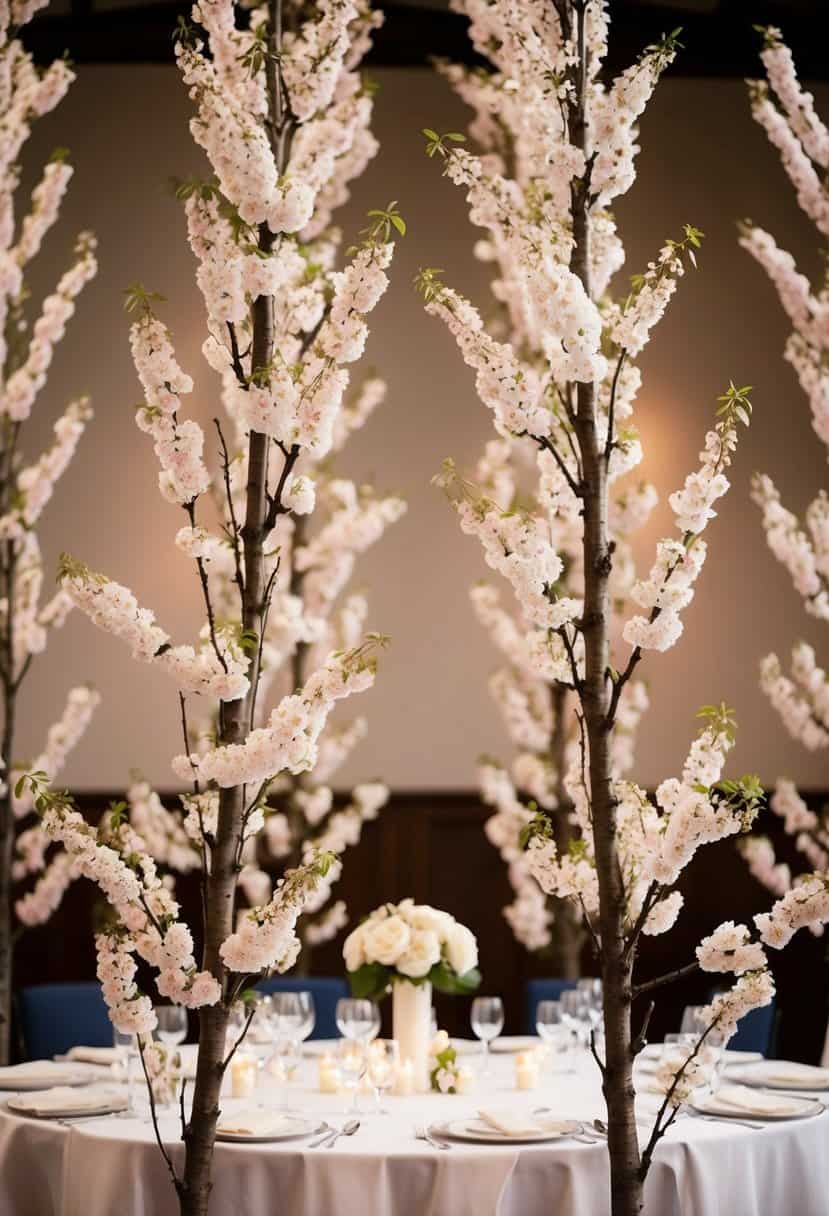Tall cherry blossom branches reach upwards from the center of a wedding table, creating a towering and elegant decoration