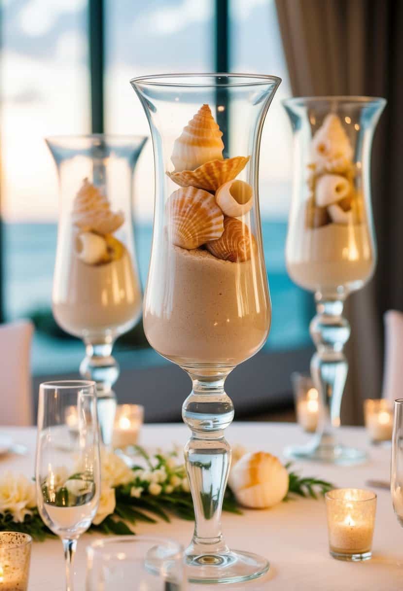 Tall glass hurricanes filled with sand and adorned with shells, serving as elegant table decorations for a wedding