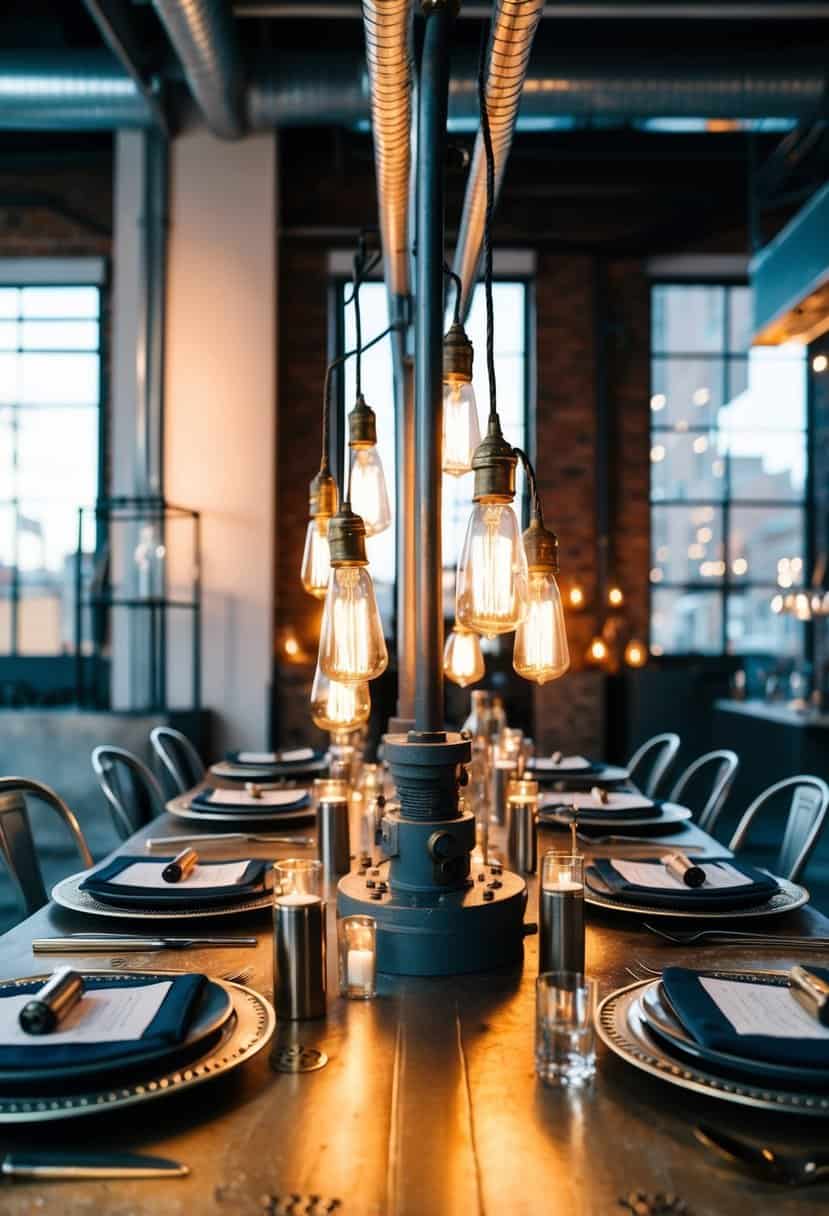 An industrial-themed table features a centerpiece of Edison bulbs, surrounded by metallic accents and urban-inspired decor
