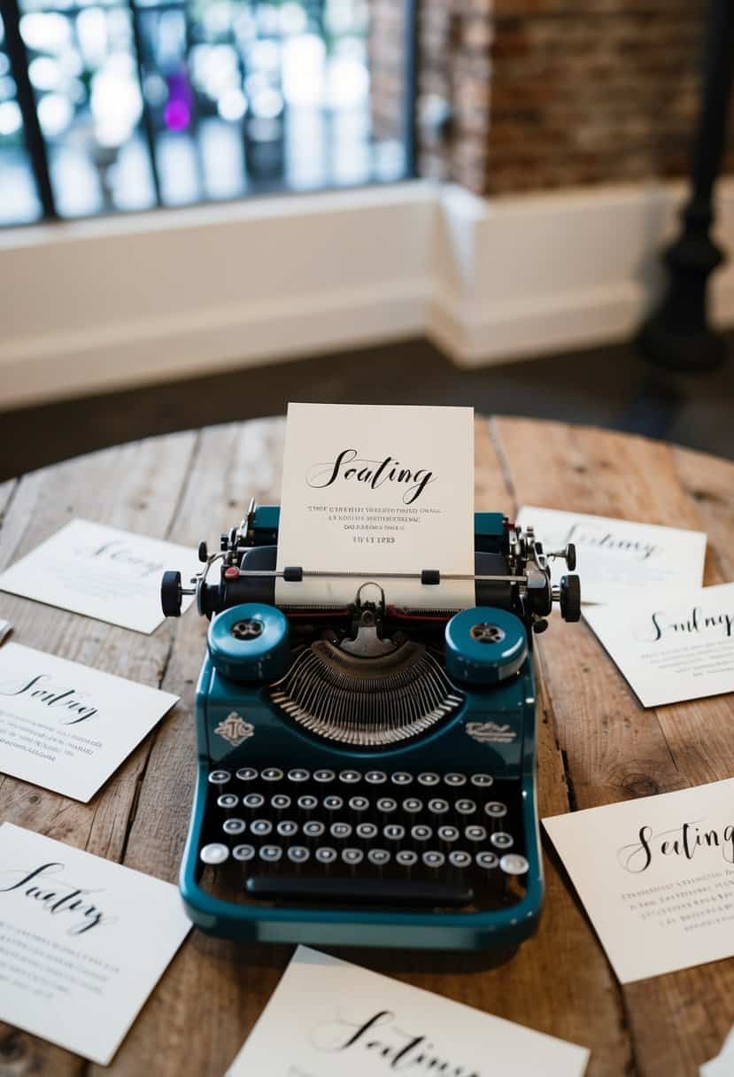 A vintage typewriter sits on a rustic wooden table, surrounded by seating cards with elegant calligraphy, creating a charming urban wedding decoration