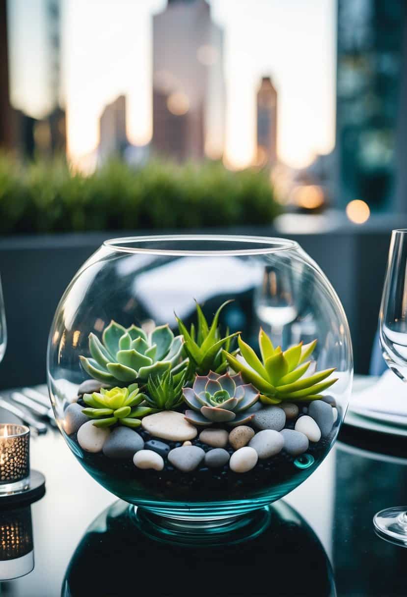 A glass terrarium filled with various succulents and small stones, placed on a modern urban wedding table setting