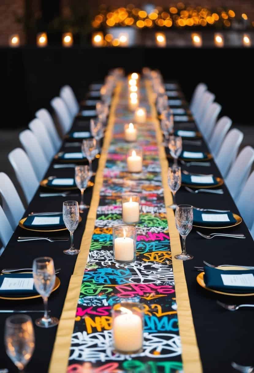 A long table with a graffiti-covered runner, surrounded by urban-inspired centerpieces and candlelight