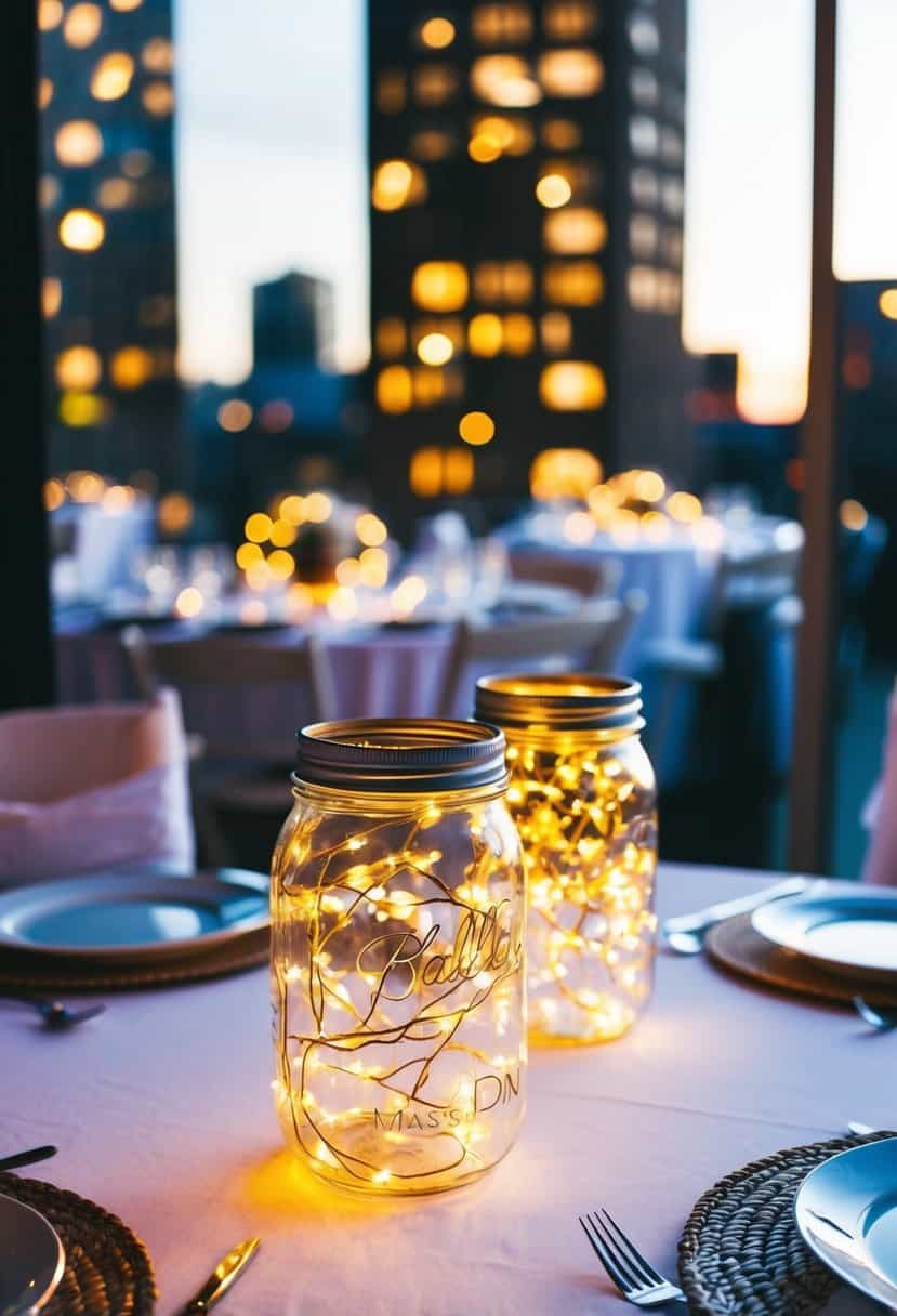 A table adorned with mason jar fairy lights illuminating an urban wedding reception