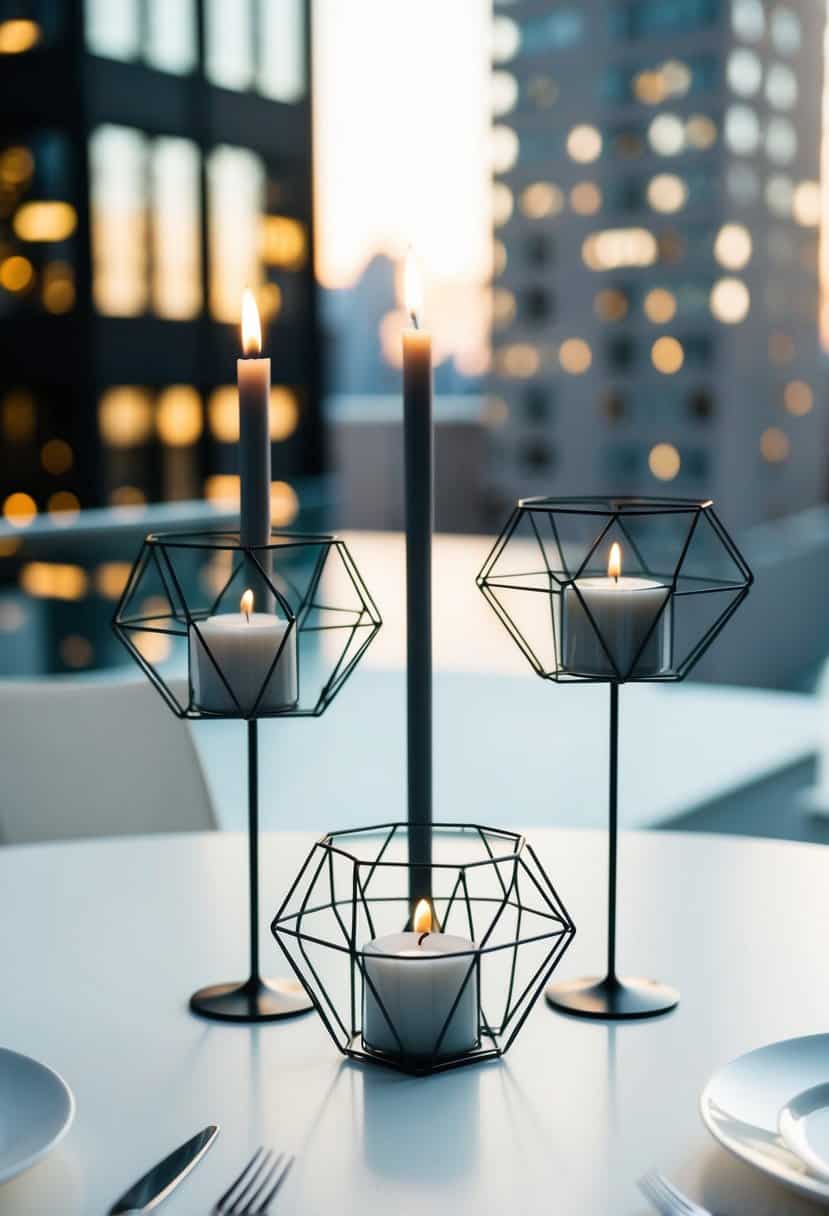 Geometric wire candle holders arranged on a modern urban wedding table with sleek, minimalistic decor