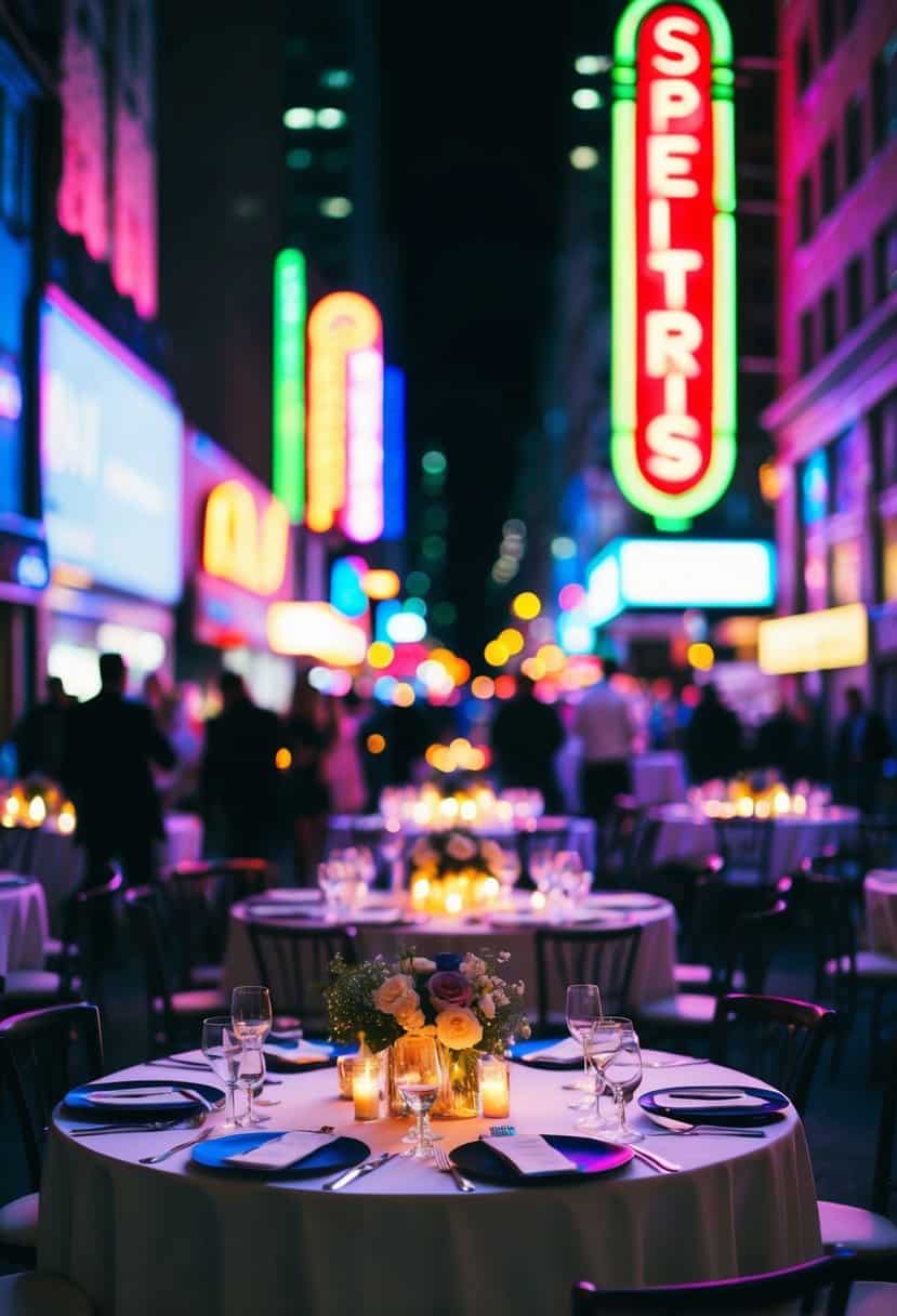 A bustling city street at night, with a vibrant neon sign glowing in the background, casting a colorful and electric ambiance over the urban wedding table decorations
