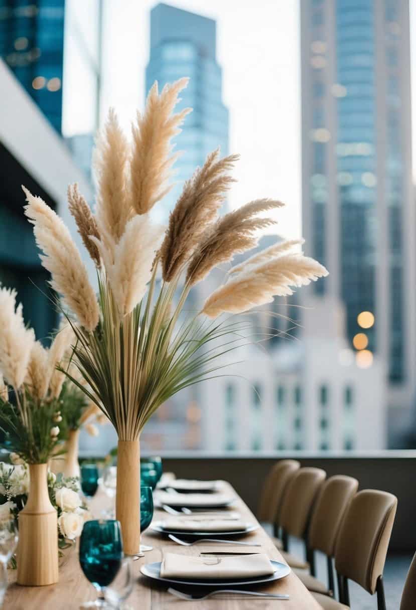 Pampas grass arrangements adorn an urban wedding table with modern elegance